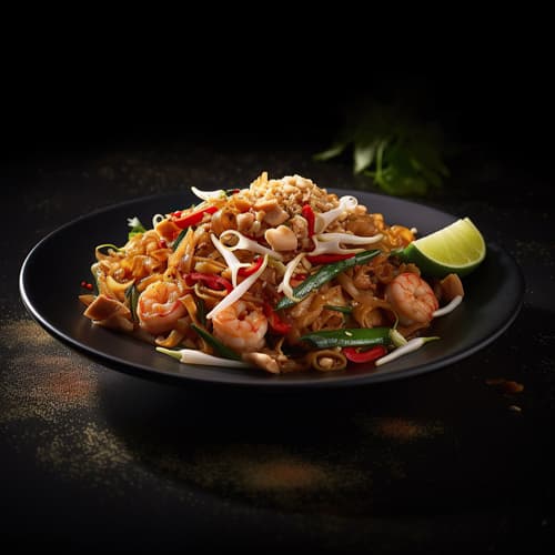 Pad Thaï aux crevettes et cacahuètes grillées.