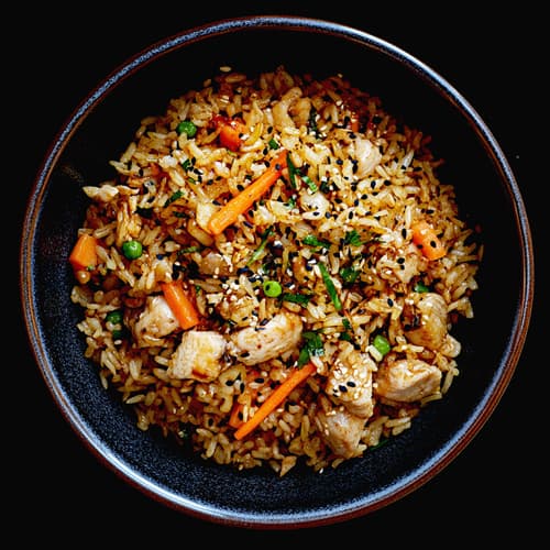 Riz sauté asiatique aux légumes et protéines.